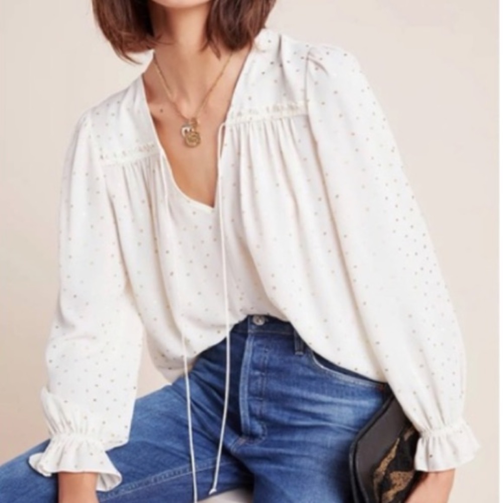 Anthropologie Current Air Bristol Gold Dot Blouse Cream Small